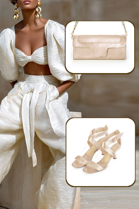 Women's gold elegant fully open cross straps sandals. Square toe. Medium spool heels - Top view